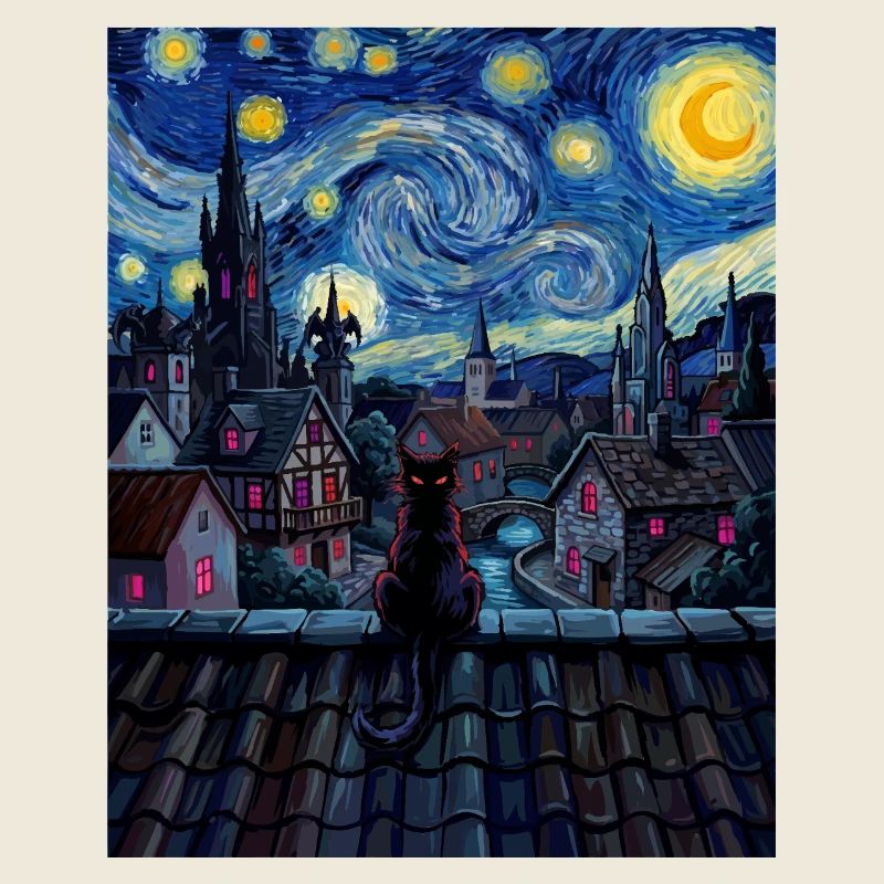 Chat nocturne sur la ville au clair de lune