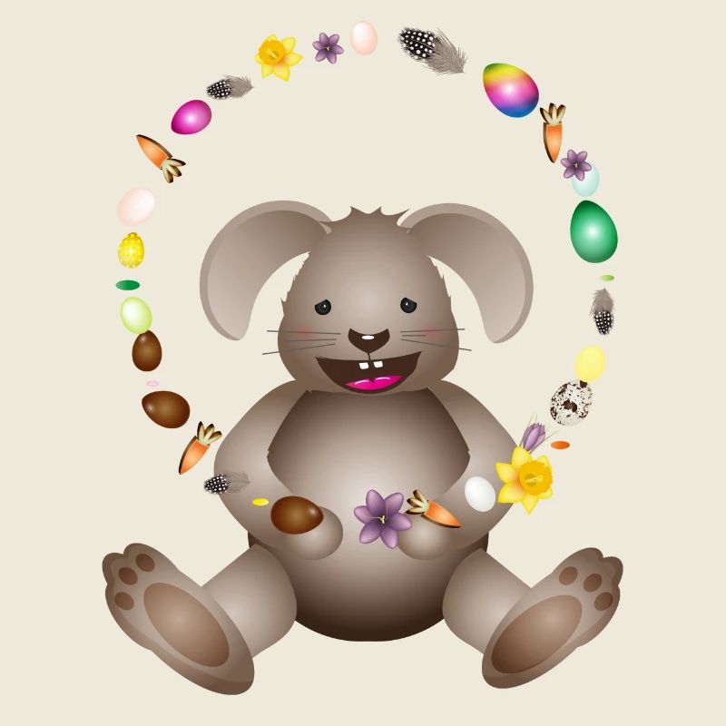 lachender Osterhase jongliert mit Osterdekoration