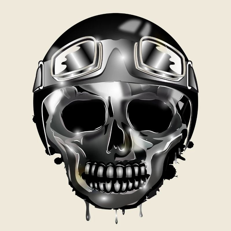 Chrom Schädel mit Retro Motorrad Helm und Brille