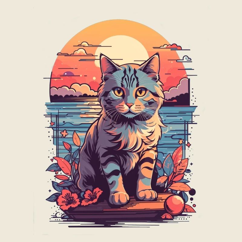 Chat motif mignon, Coucher de soleil chat au bord de la mer