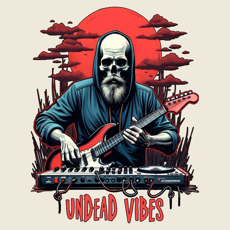 UNDEAD VIBES, Untoter Skelett mit einer Gitarre