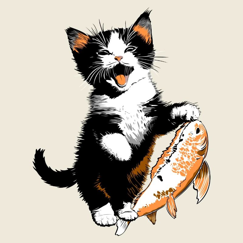 Chaton avec Big Salmon – Kitty with Fish