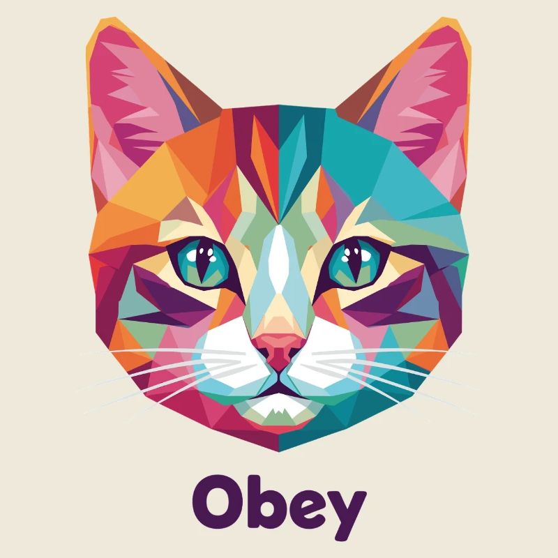 Geometrischer Katzenkopf mit Obey-Text