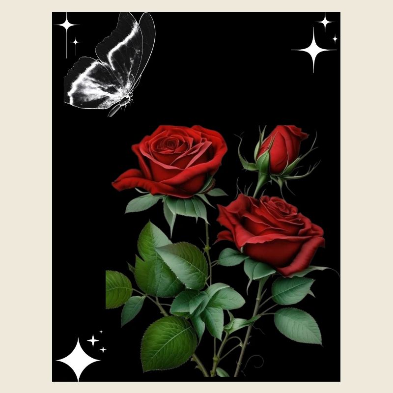 Roses rouges avec papillon et étoiles