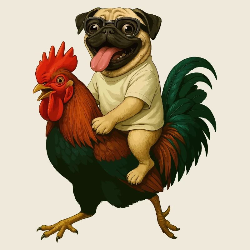 Pug on Rooster Ride