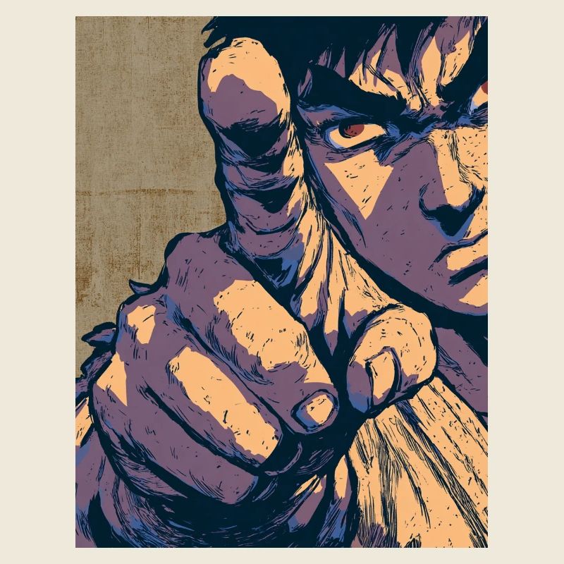 Cartoon martial arts fighter pointing with finger