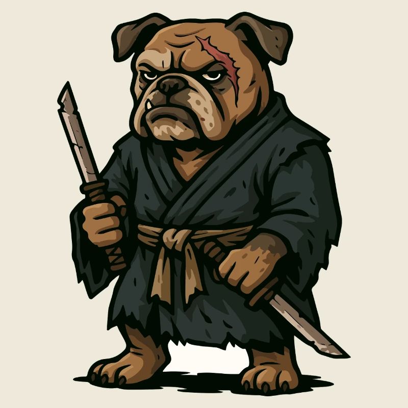 Bulldog Samurai Warrior with Dual Katana Blades