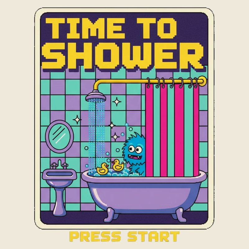 Time To Shower Monster Retro Pixel Bath Game Funny