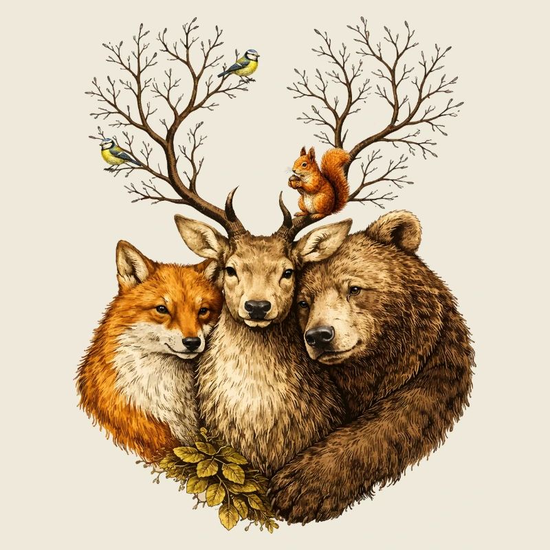 Waldtiere vereint – Hirsch Fuchs Bär Illustration