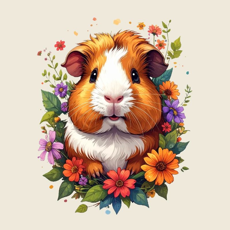 Petit cochon d’Inde mignon entouré de fleurs