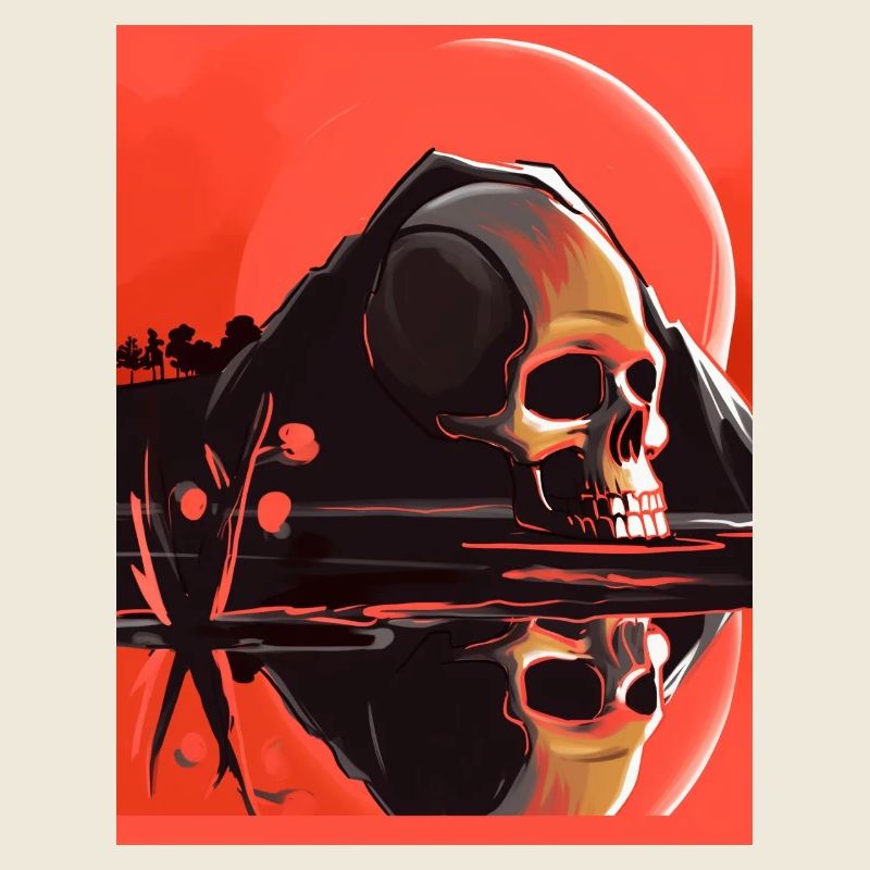 Totenkopf vor Berg mit roter Sonne