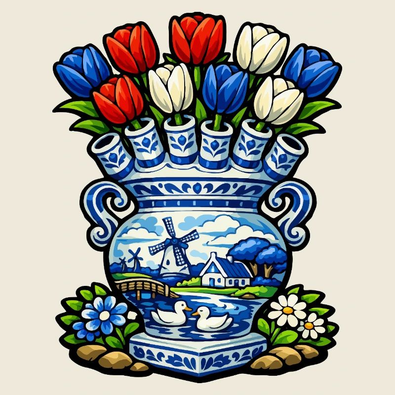 Delfter Vasen-Tulpen und Windmühle