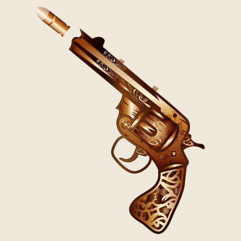richly decorated steampunk revolver with cartridge