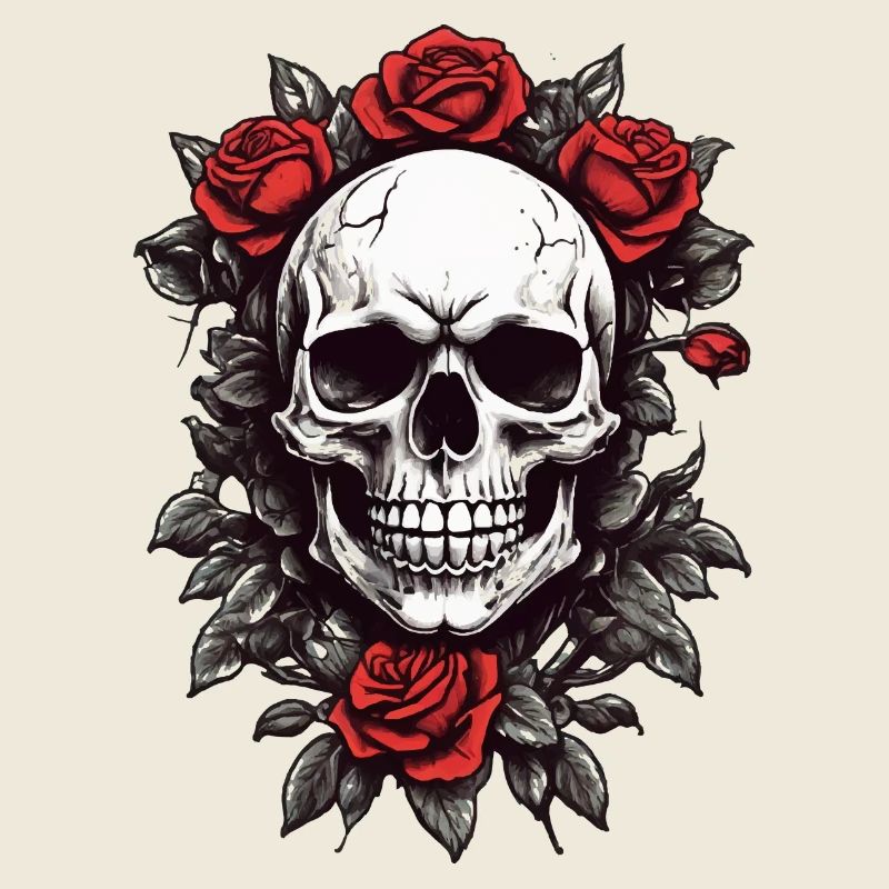 Totenkopf mit roten Rosen