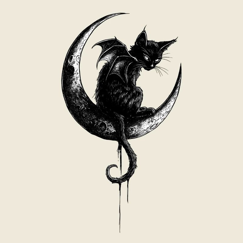 Gothic Black Cat Bat Wings Crescent Moon Dark