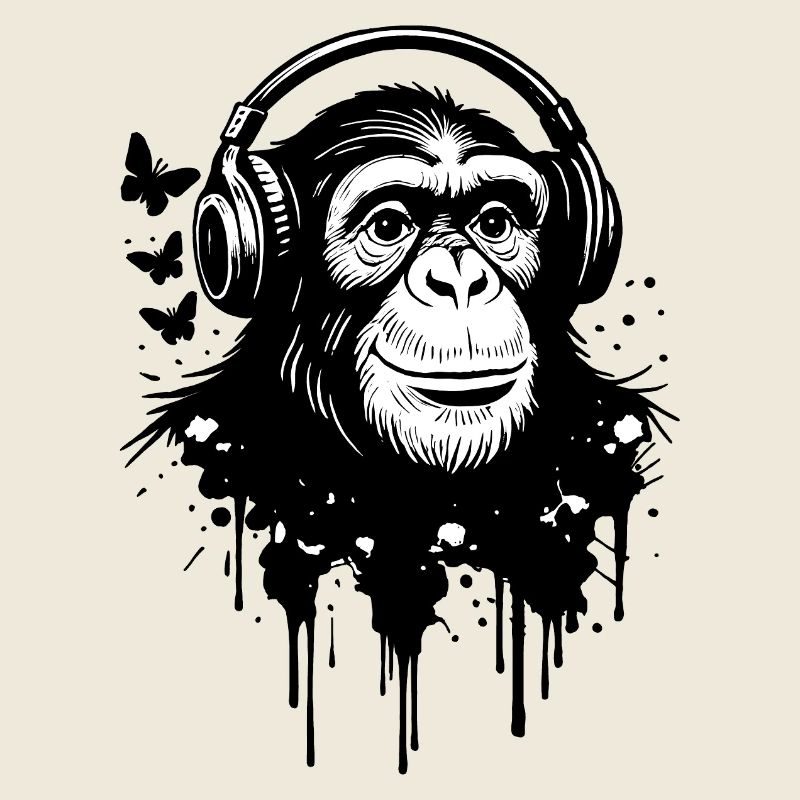Écouter de la musique, singe avec des écouteurs