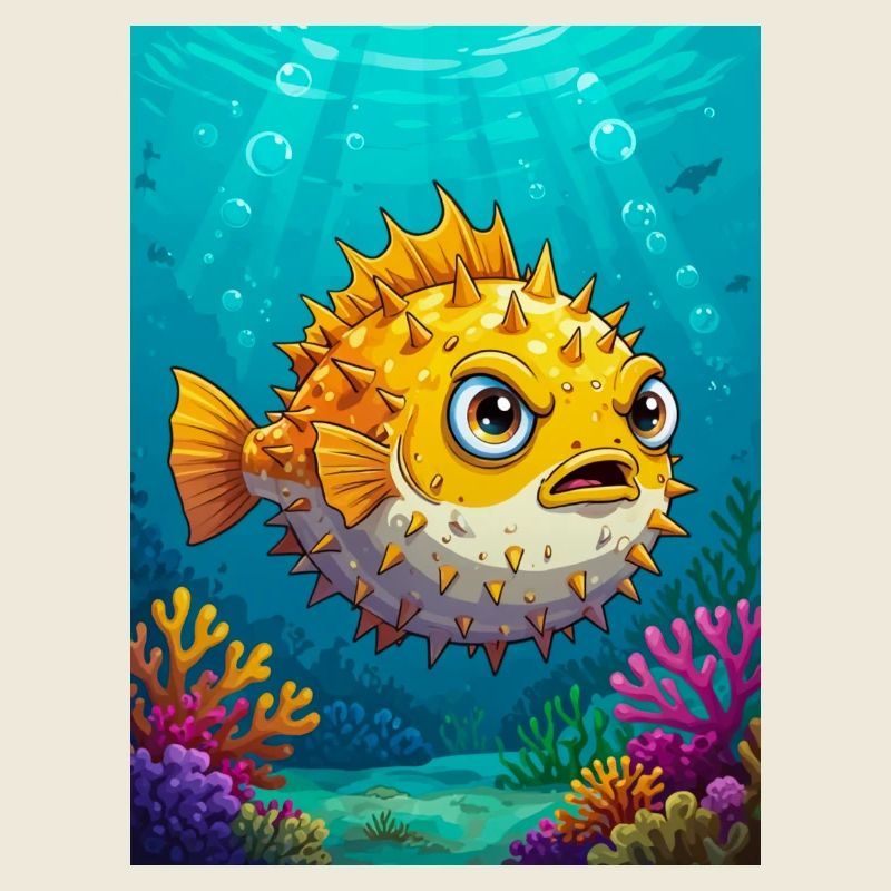 Kugelfisch im Comic-Stil, runder, stacheliger, aufgeblasener Körper