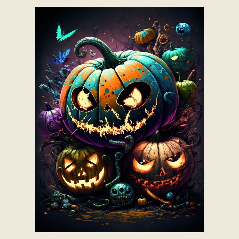 Glowing Halloween pumpkins in the night forest