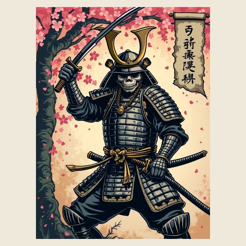 Skelett-Samurai im Kirschblütenwald
