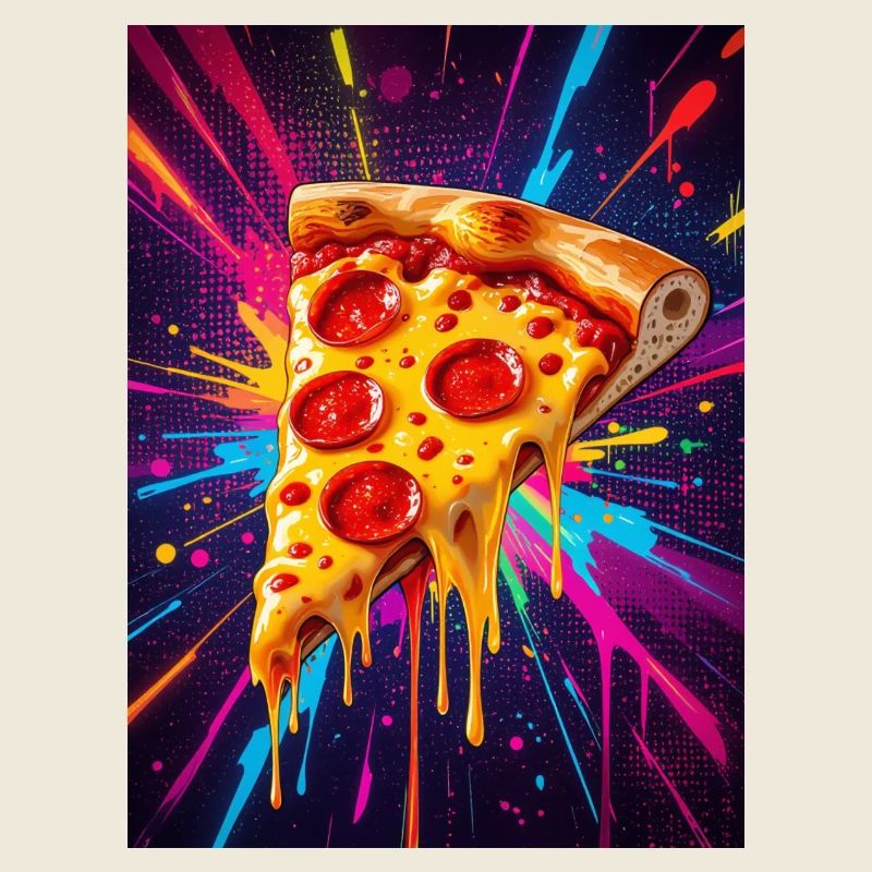 Melting cheese pizza slice glowing in a burst 