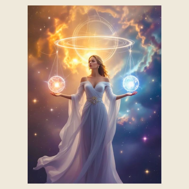 Celestial figure balancing sun and moon in cosmic 
