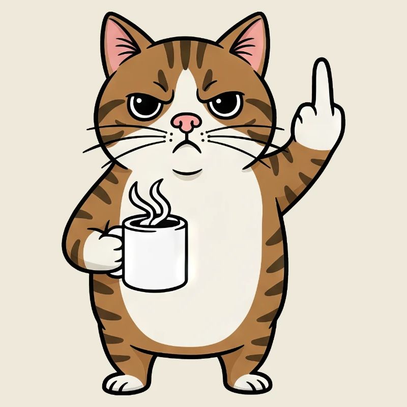 Genervte Katze mit Kaffee und Mittelfinger Cartoon