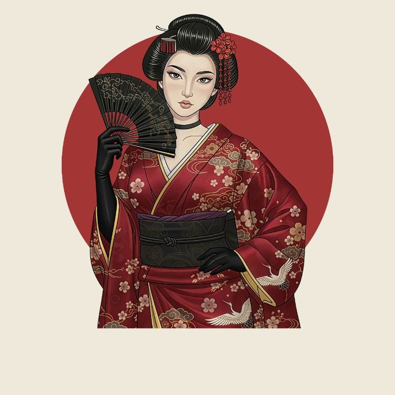 Geisha en kimono rouge avec éventail