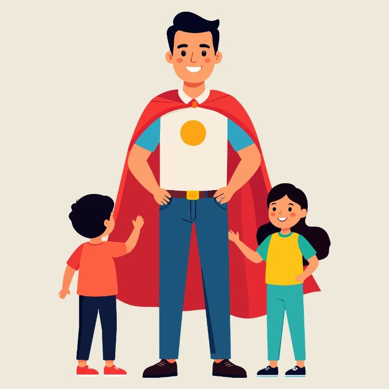 Erzieher Held oder Heldenvater mit Cape und Kinder