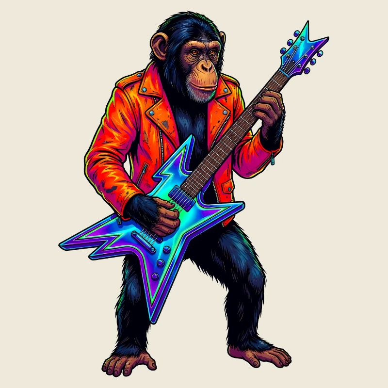 Schimpanse in Lederjacke und Neon E-Gitarre
