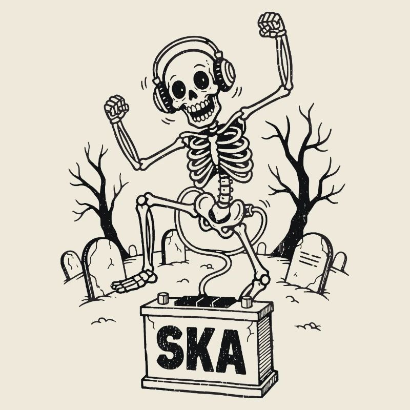 Dancing ska skeleton in the cemetery