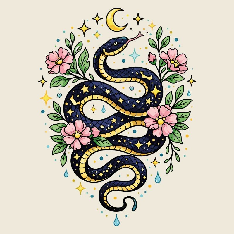 Serpent mystique fleurs lune et étoiles