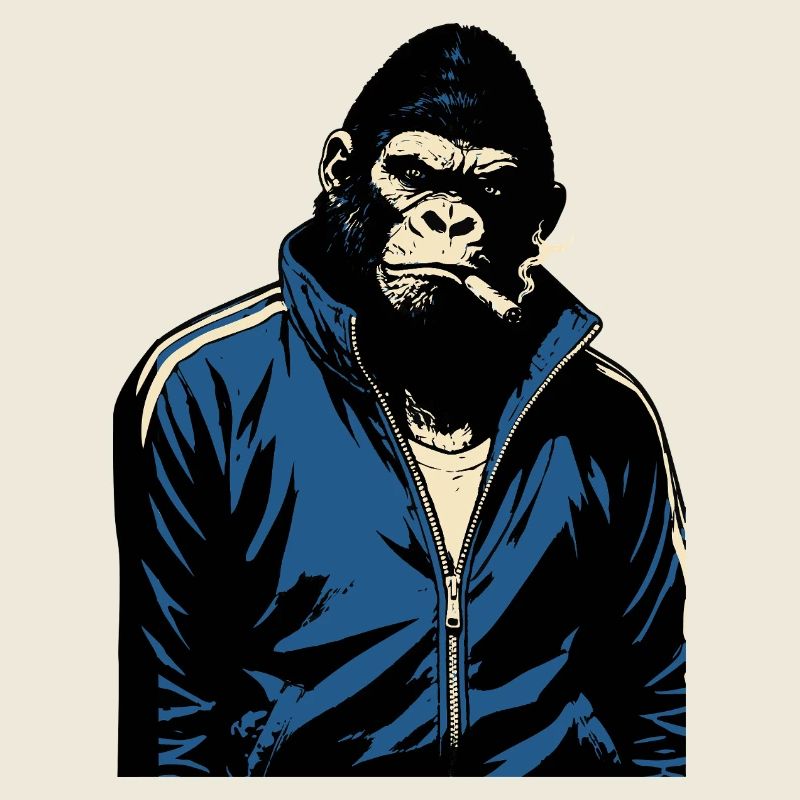 Gorilla in Blue tracksuit smoking a cigar