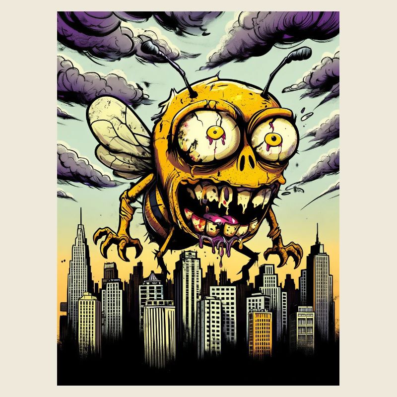 Grotesque horror bee over city