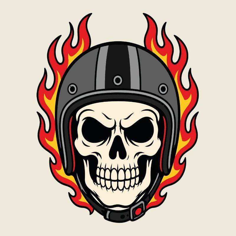 Flammender Totenkopf mit Motorradhelm