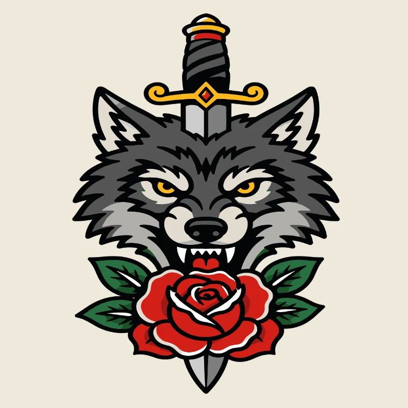 Fierce wolf dagger and pink style tattoo