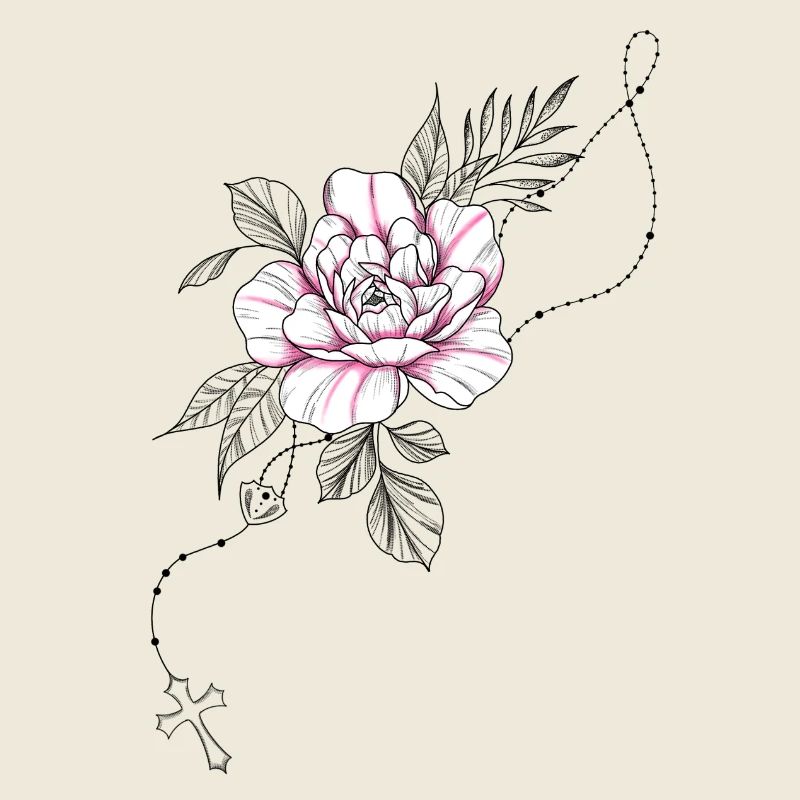 Dessin fleur rose chapelet croix et feuillage