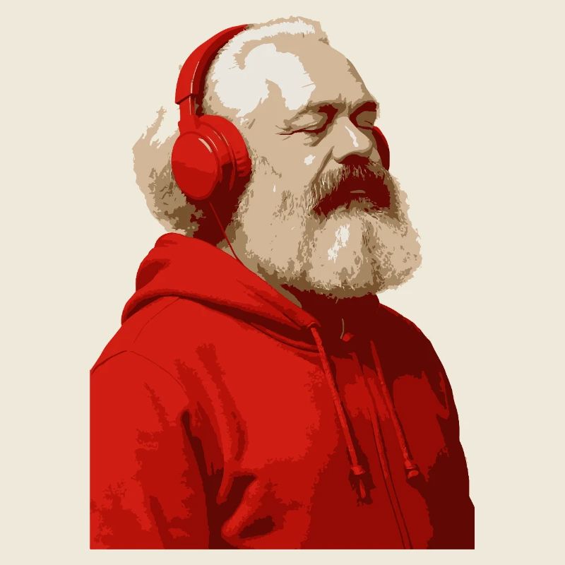 Karl Marx en sweat à capuche rouge et écouteurs écoute m