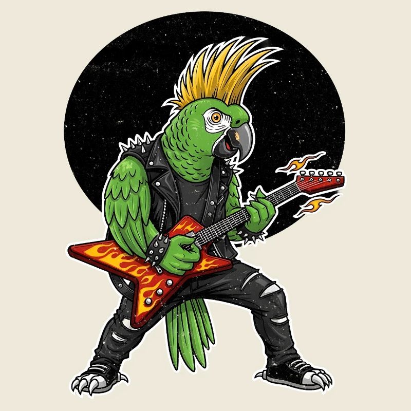 Punk Papagei mit Flammengitarre