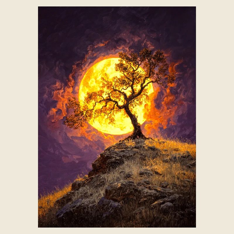 Arbre solitaire au clair de lune sur une falaise
