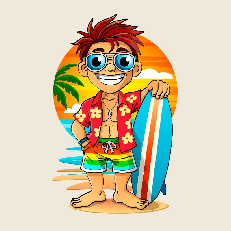 Fröhlicher Surfer mit Surfbrett am Strand.