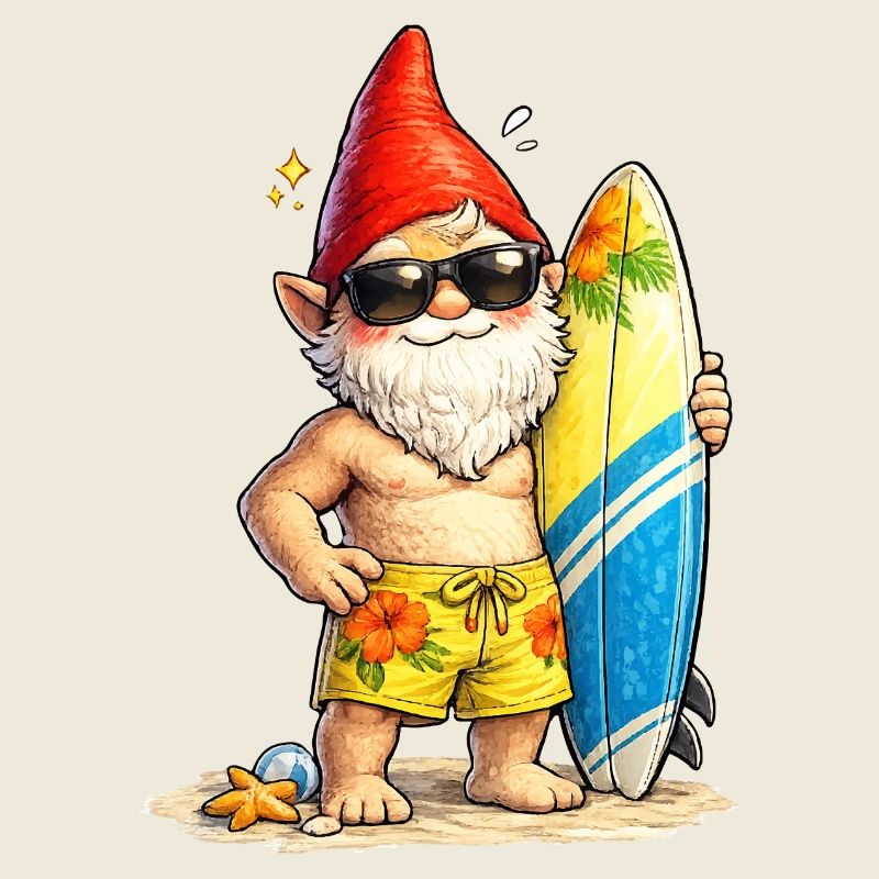 Nain de jardin cool avec planche de surf