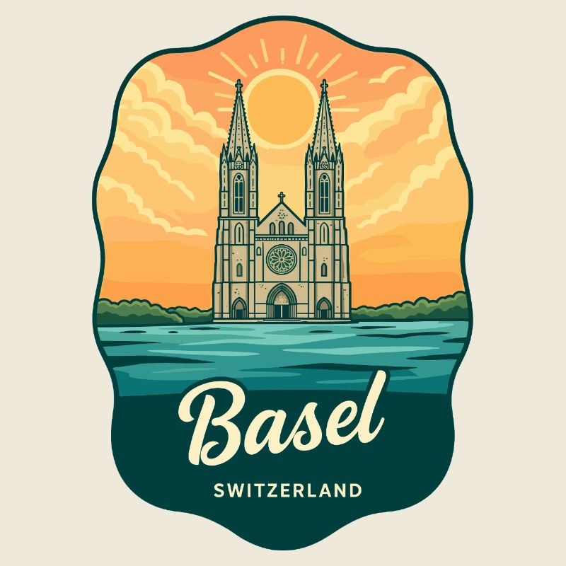 Basel Minster Retro Sonnenuntergangs-Reiseabzeichen