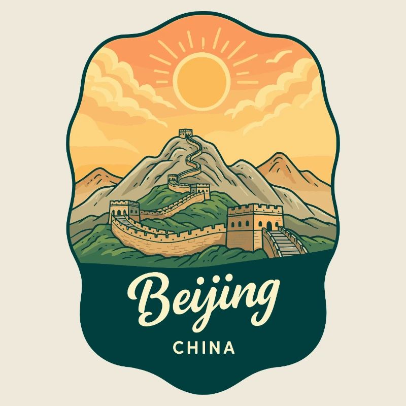 Badge rétro de voyage au coucher de soleil de la Grande Muraille de Pékin