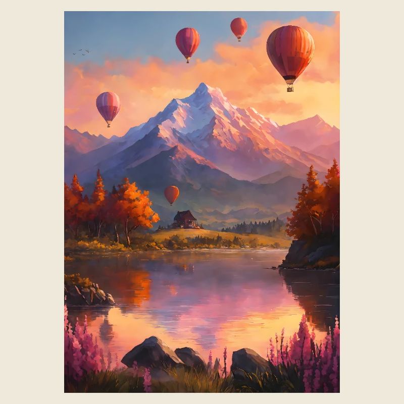 Ballonfahrt  am Bergsee bei Abendrot