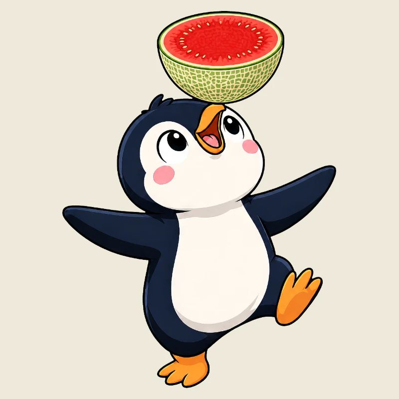 Cute Penguin Cartoon Melon Balancing Summer