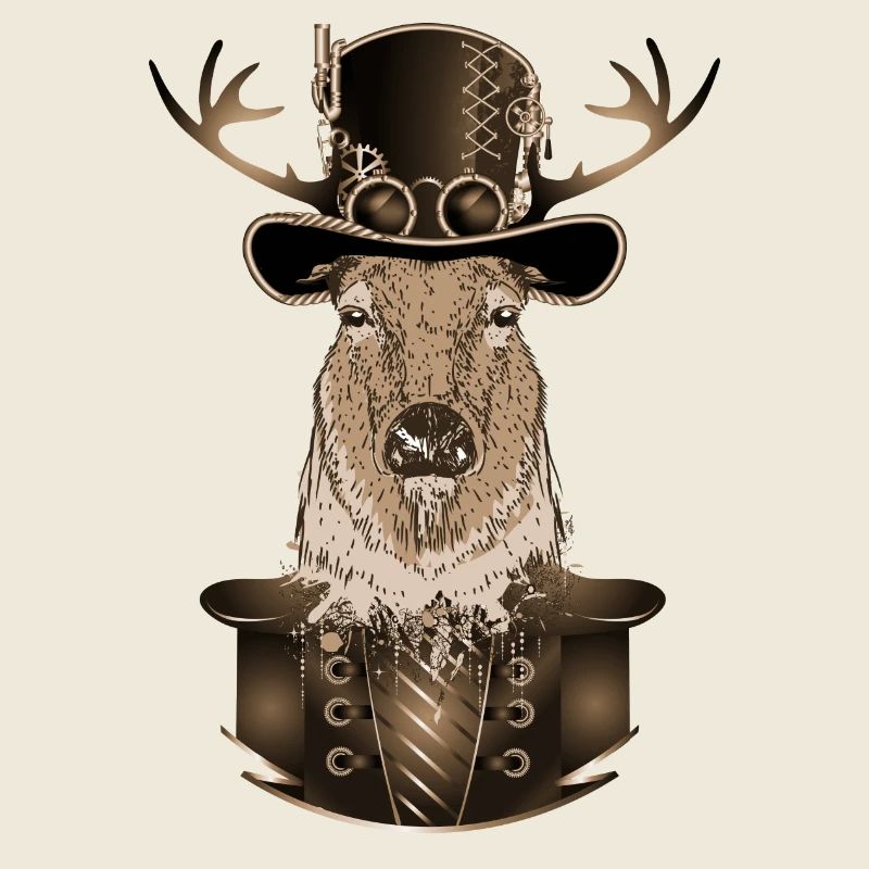 Steampunk deer with antique cylinder hat in sepia