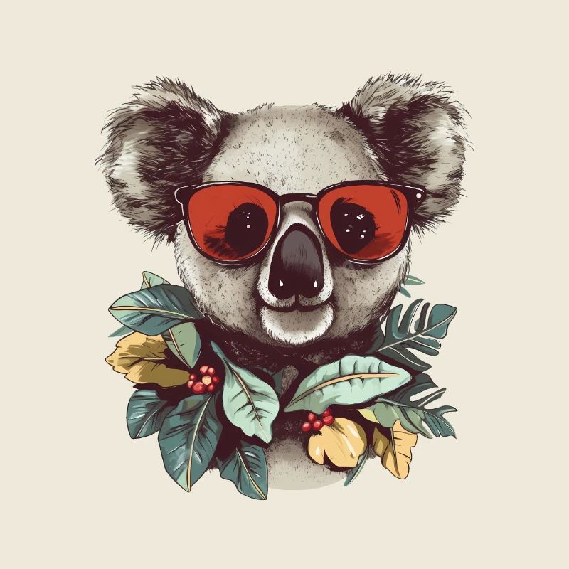Koala avec lunettes de soleil rouges et couronne de feuilles