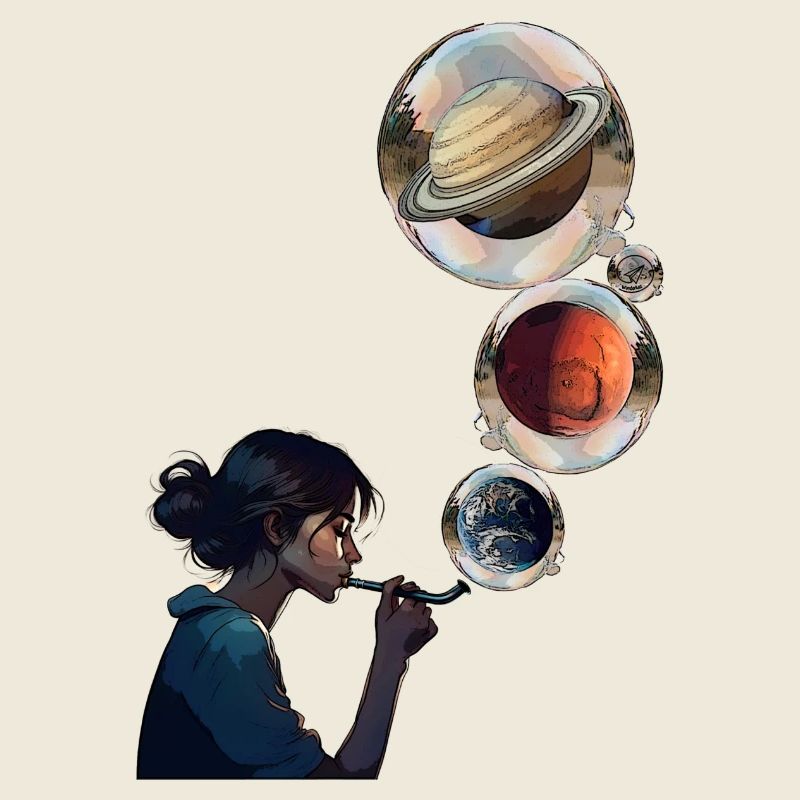 Kontemplative Frau mit kosmischen Planeten
