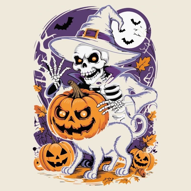 Sorcière squelette d'Halloween avec citrouilles