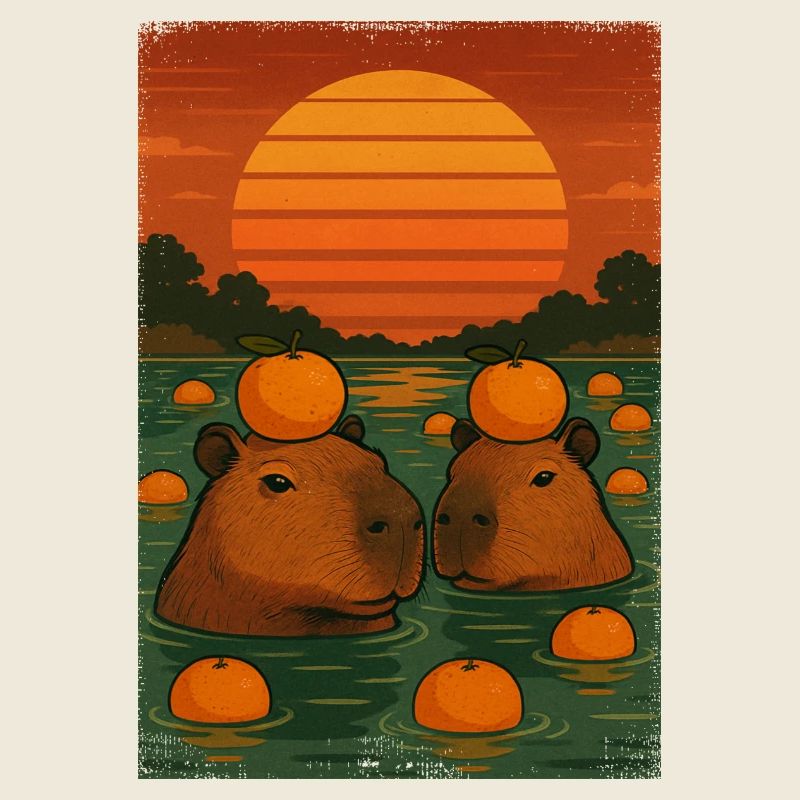 Capybara mit Orange auf dem Kopf